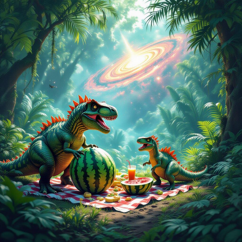 Anthropomorphic Dinosaurs' Chaotic Picnic in Alien Jungle