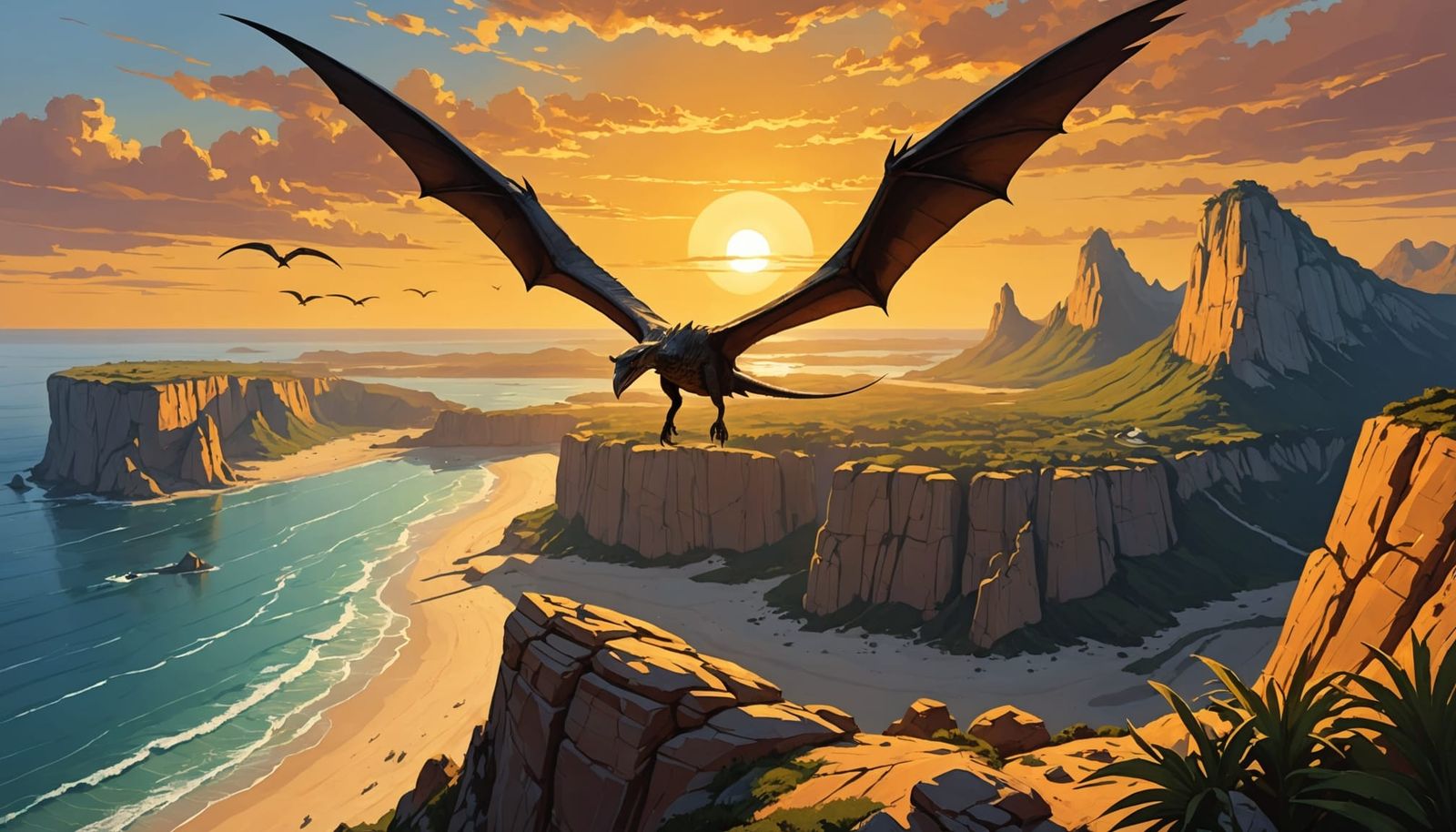 Pterodactyl Soaring Above Prehistoric Coastline as Oil Paint...