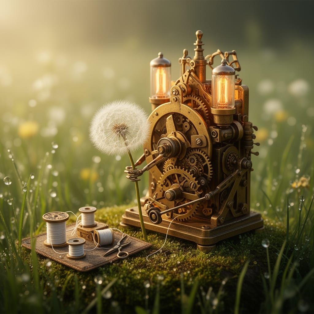 Clockwork Automaton Mends Dandelion in Sun-Dappled Meadow