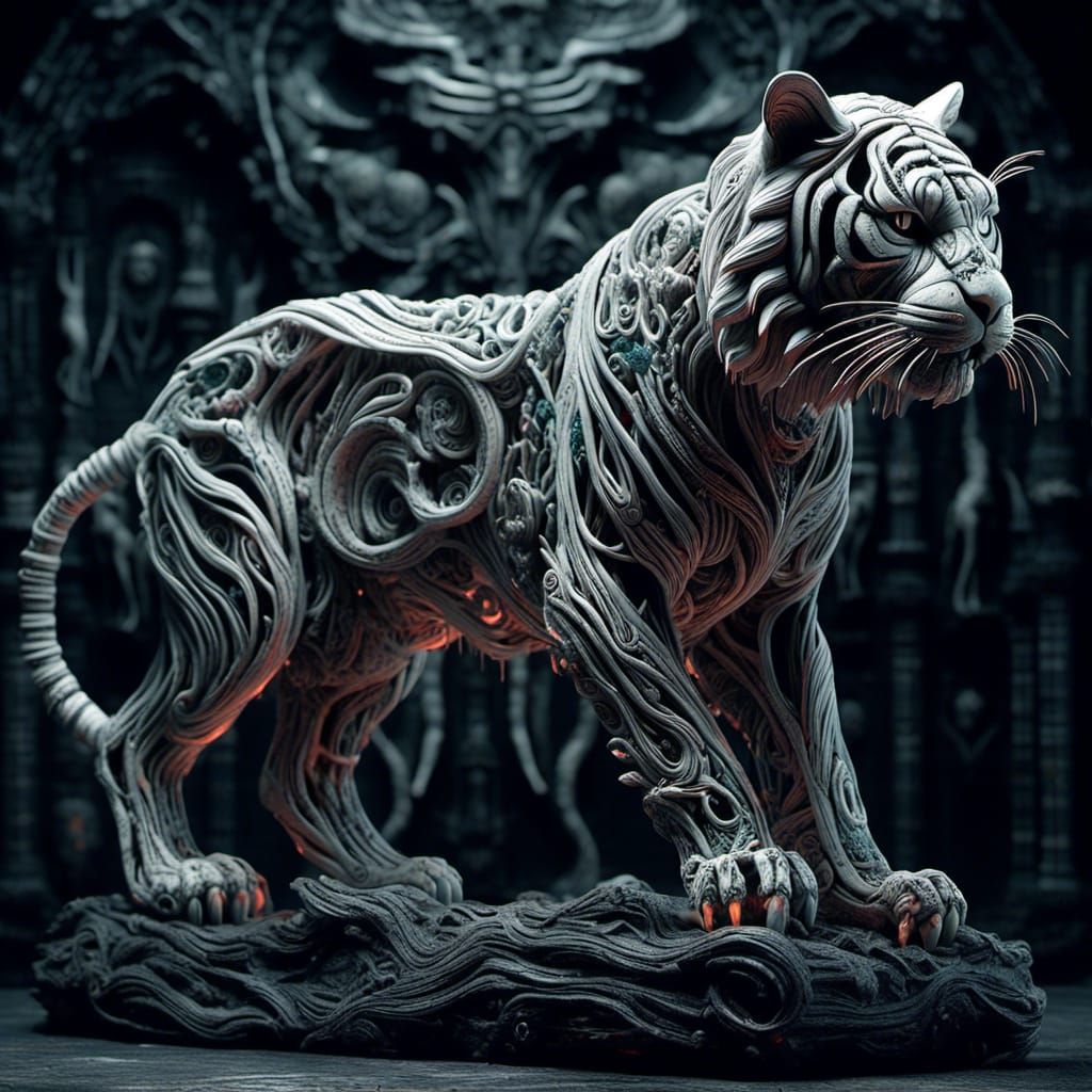 Organic Stone Tiger with Glowing Lights, Biomechanical Art