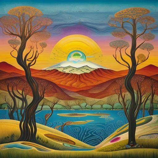 Whimsical Sunrise Landscape in Naive Art Style