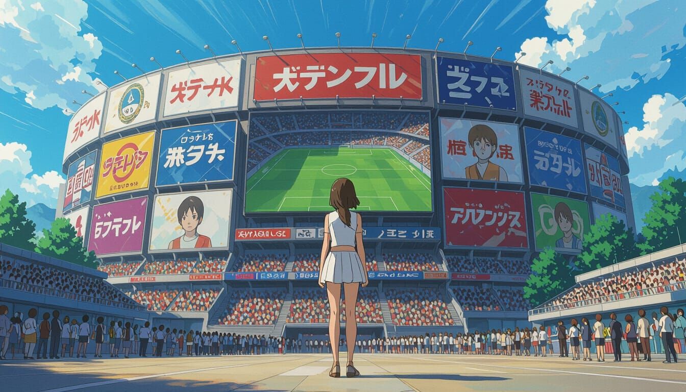 Idol in Anime Style Before a Football Stadium