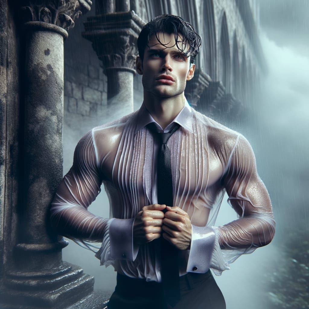 Handsome Vampire Rending Shirt in Rainy Gothic Ambiance