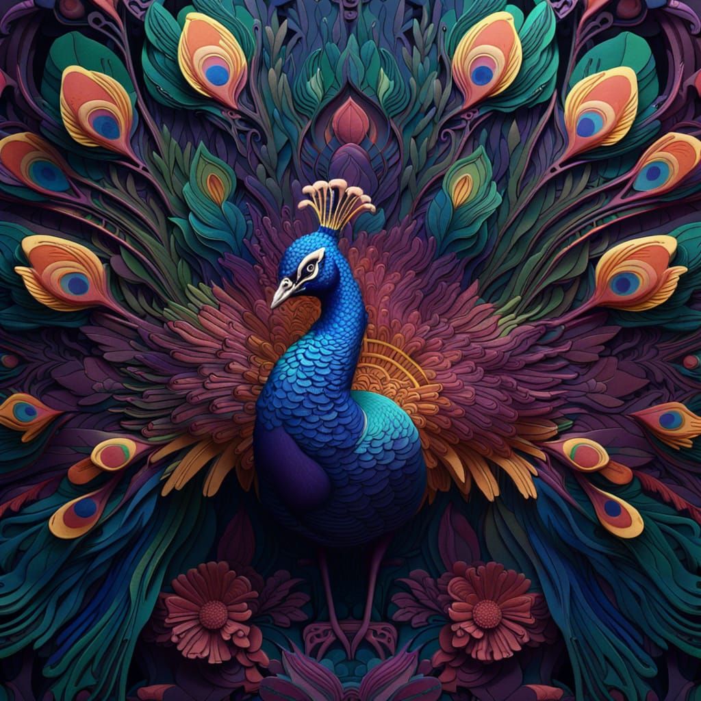 Psychedelic Peacock in 3D Paper Cut Style