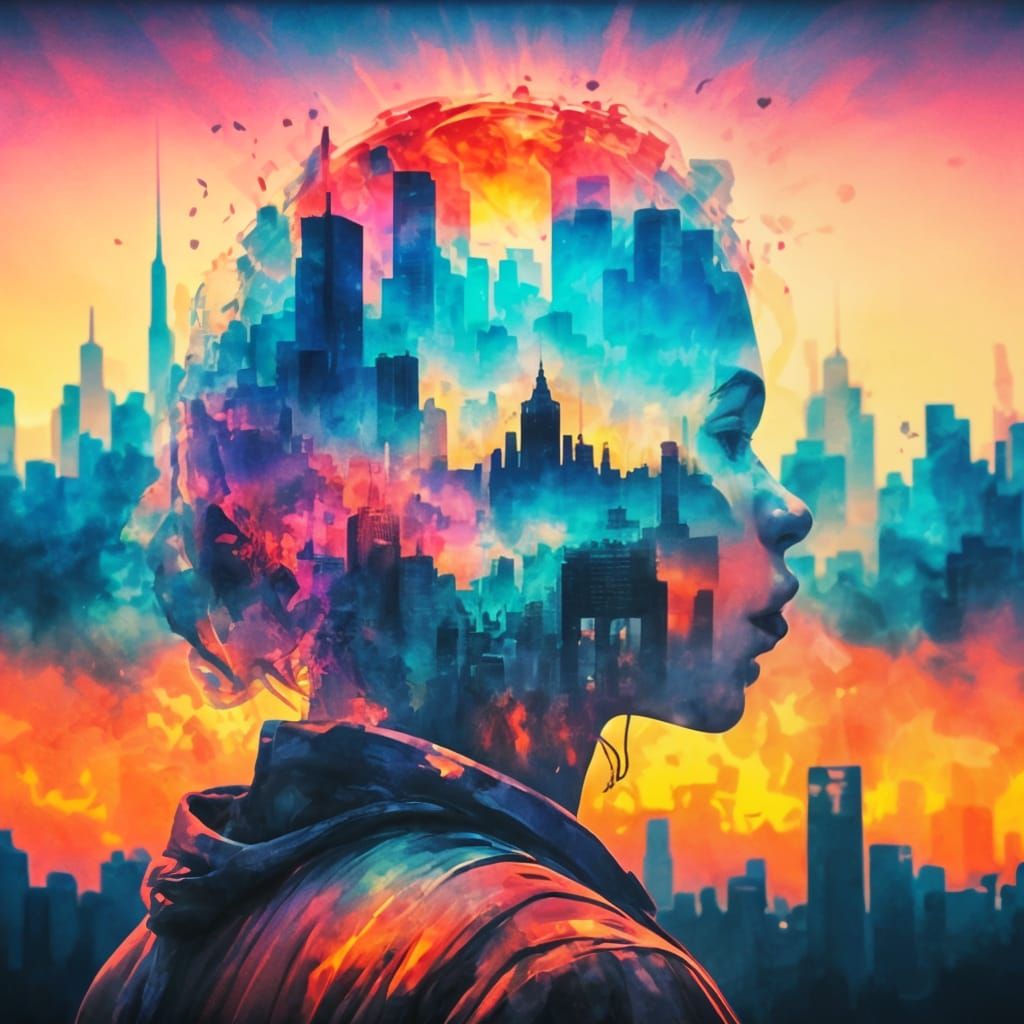 Double Exposure: Cityscape and Face in Surreal Colors