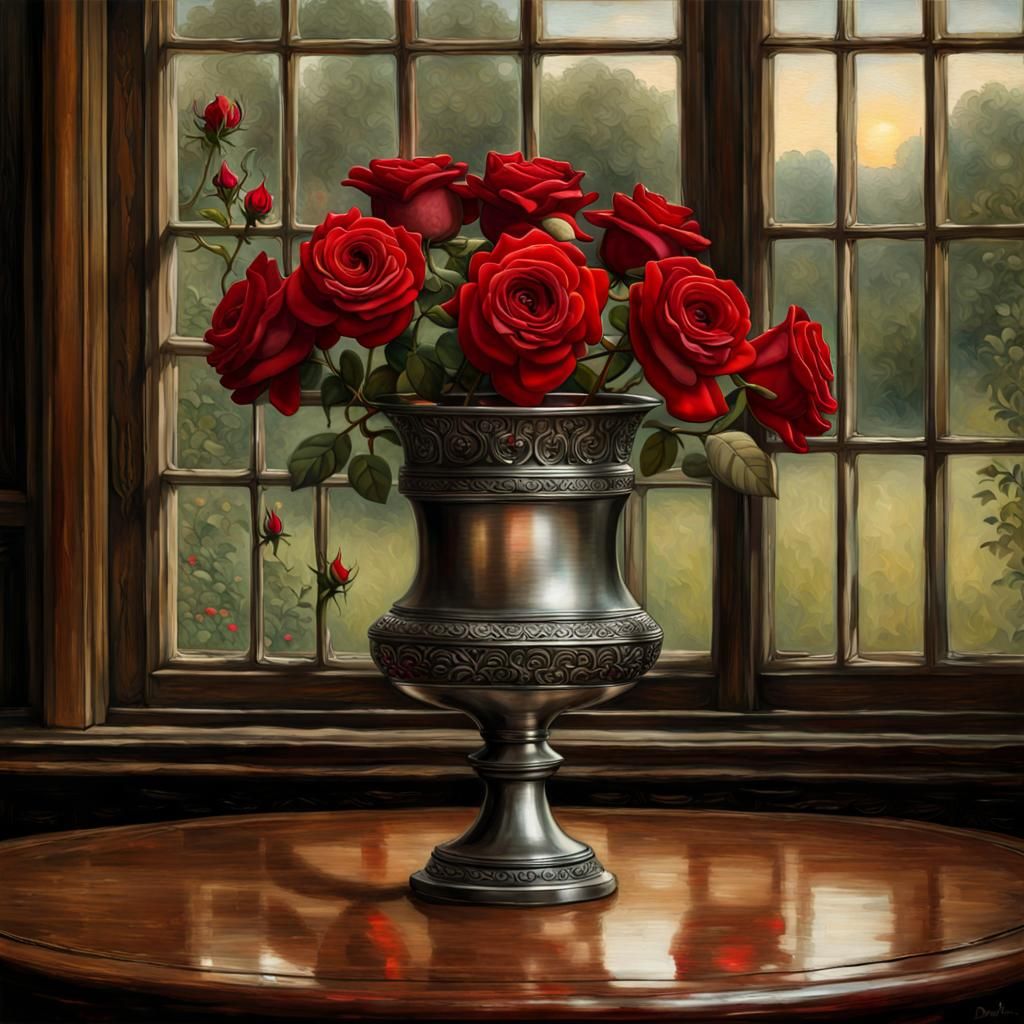 Red Rose in Pewter Vase, Retro Watercolor