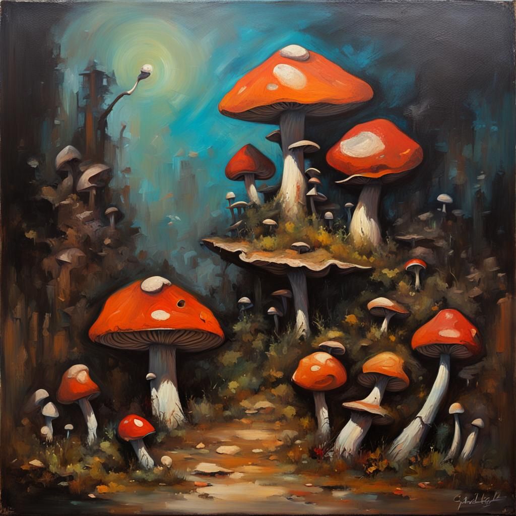 Dark Fantasy Oil Painting: Clown in Junkyard