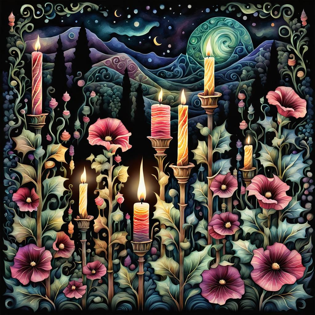 Hollyhocks and Candles in Overgrown Garden, Digital Art