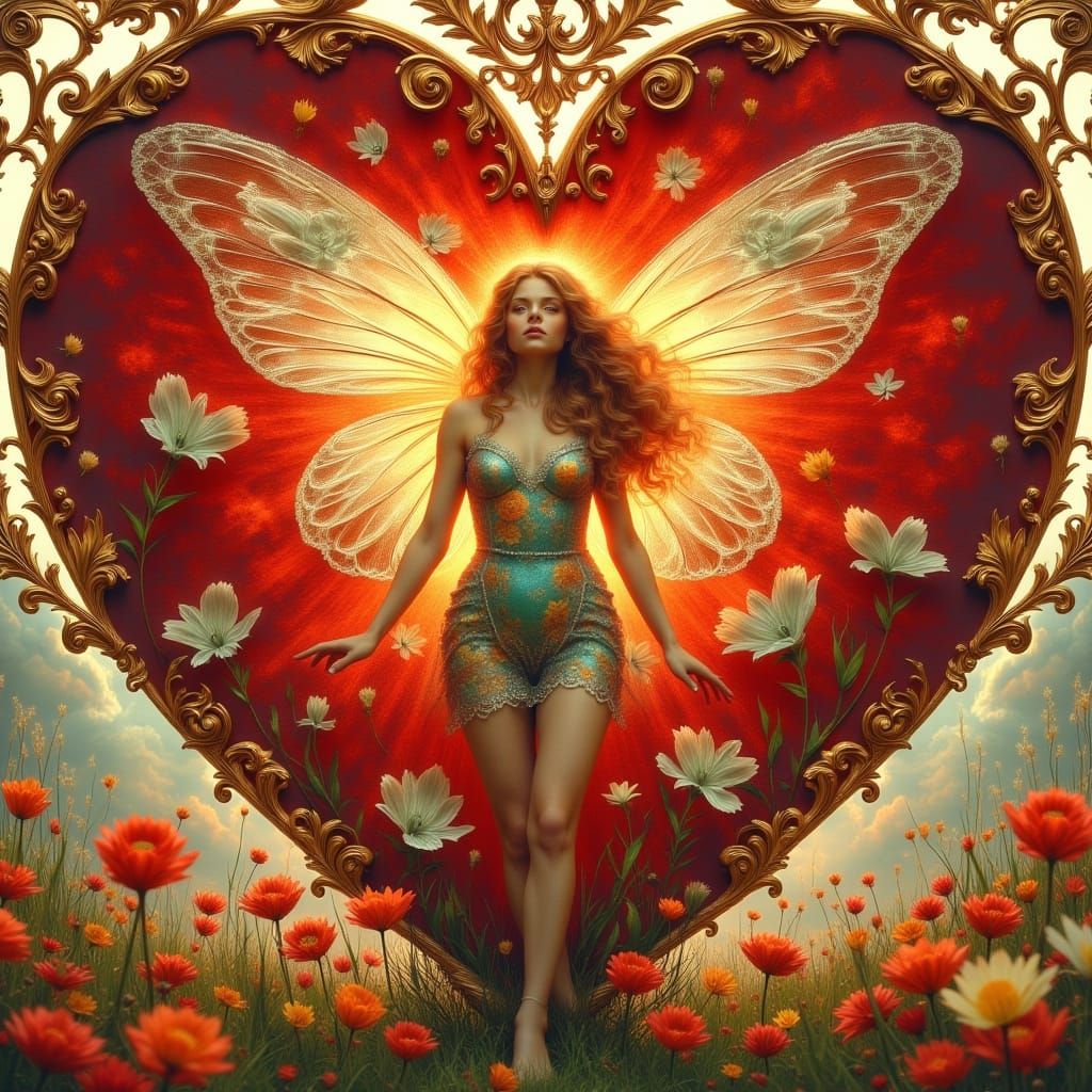 Ethereal Fairy in a Red Heart, Claude Monet-Inspired Landsca...
