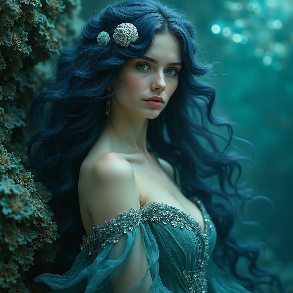 Sapphire-Haired Woman with Seashells in Art Nouveau Style