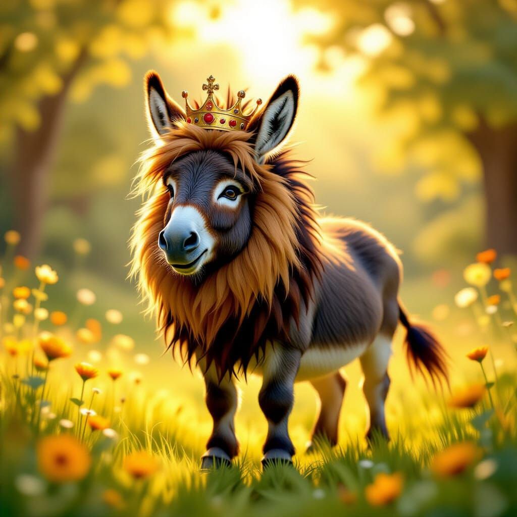 Regal Donkey Dressed as a Lion in Storybook Meadow