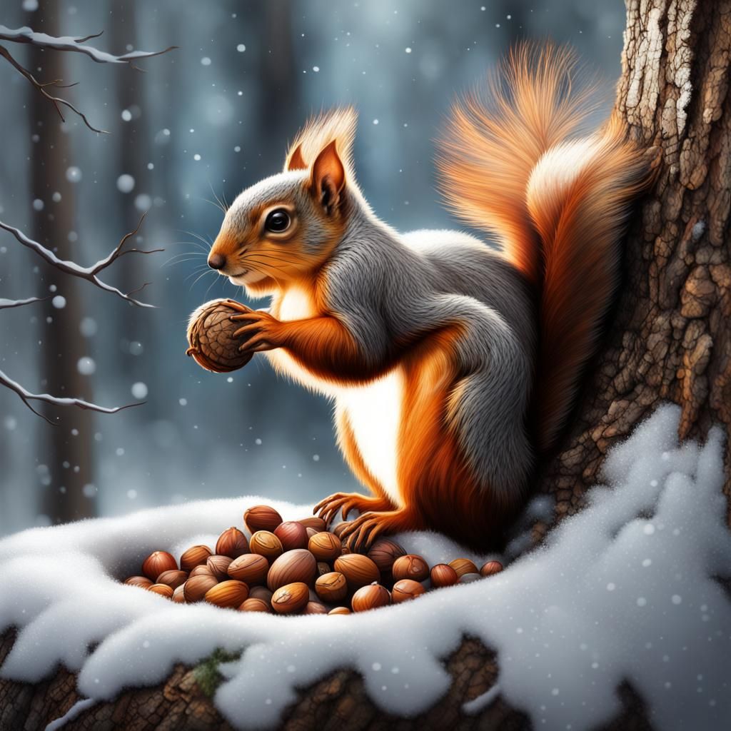 Squirrel Hiding Nut in Snowy Forest: Hyperrealistic