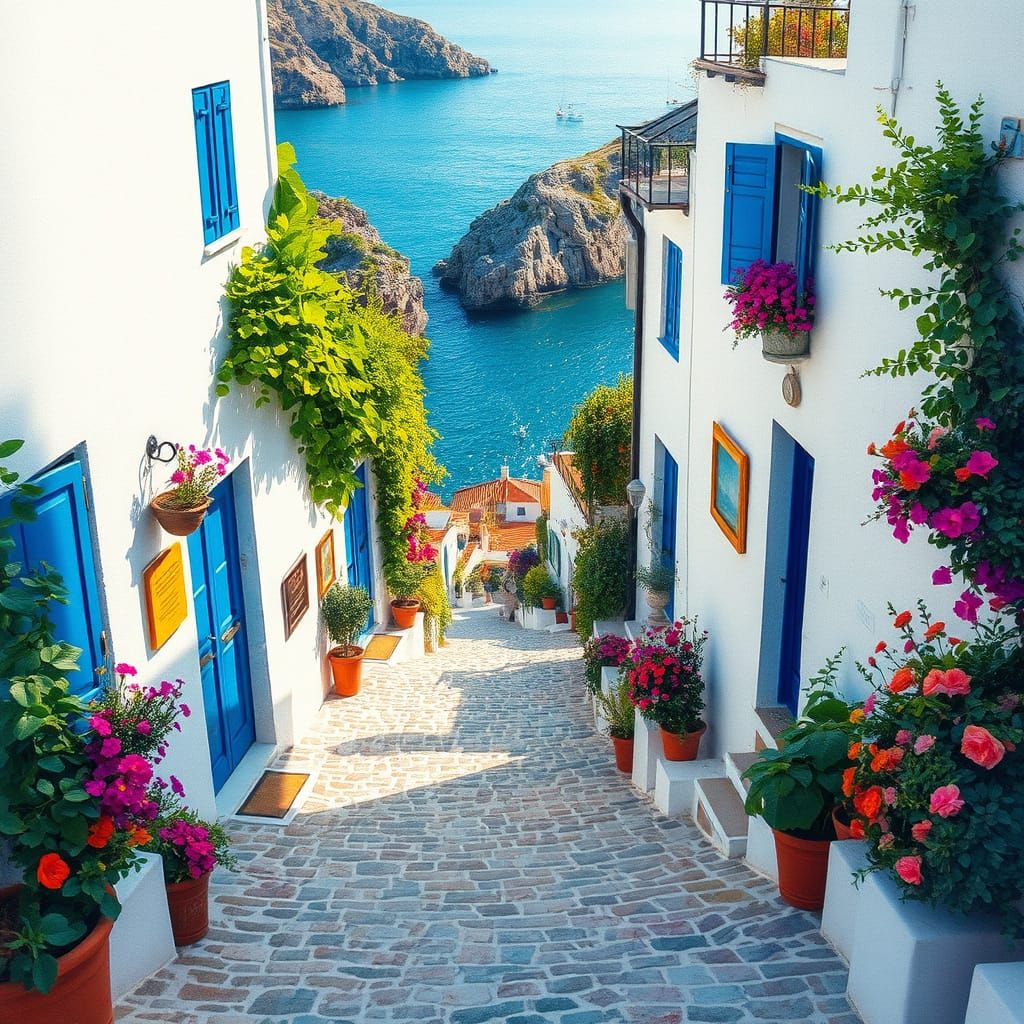 Mediterranean Cobblestone Path in Watercolor Style