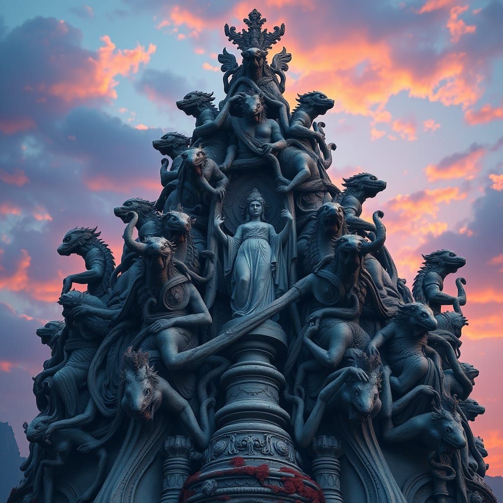 Majestic Surreal Statues Entwined in Dreamlike Landscape