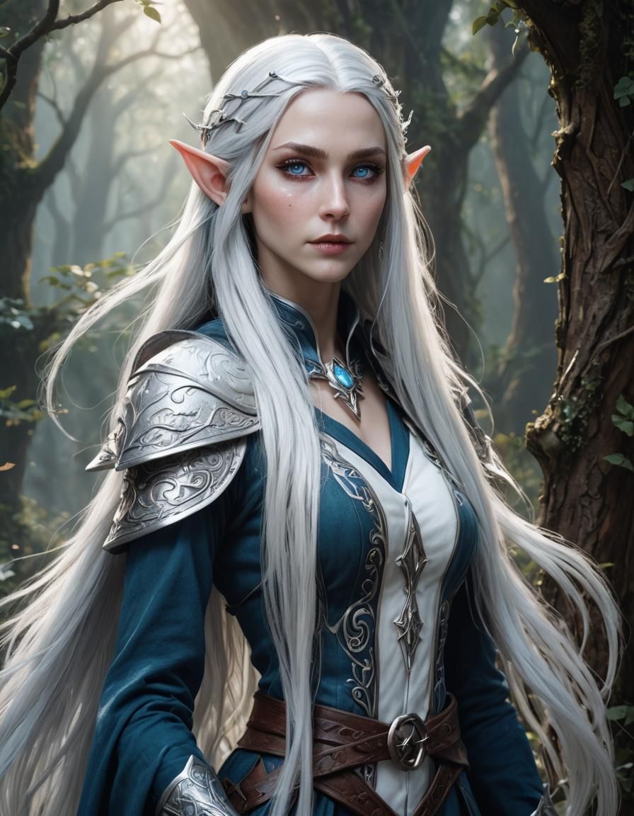 Beautiful female elf wizard with long silver hair and hazel blue eye. Slender build.