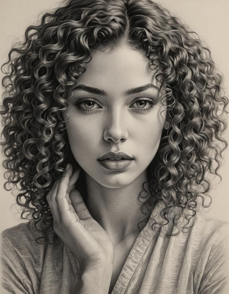 Serene Model with Cascading Curls: Pencil Drawing