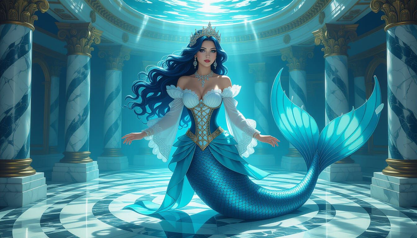 Steampunk Mermaid Queen in Azure Marble Chamber