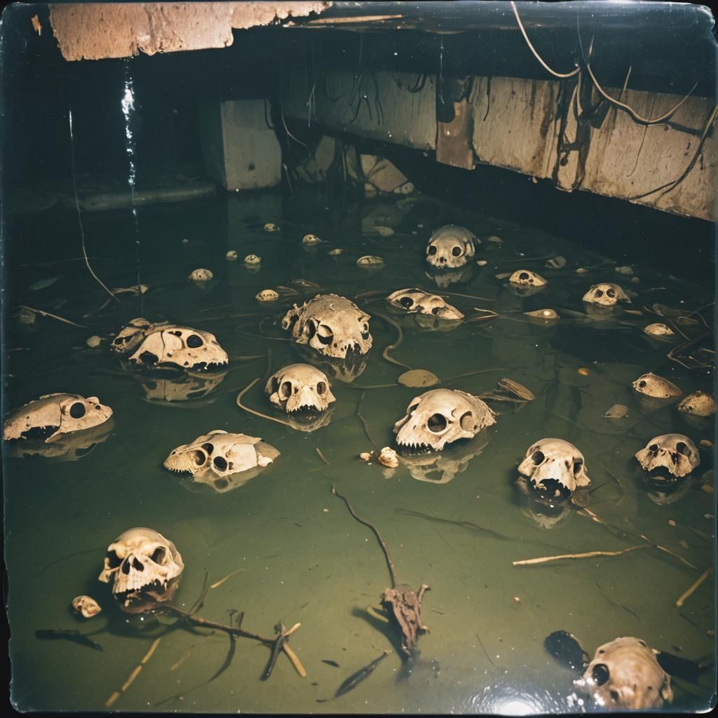 Eerie Polaroid: Flooded Basement with Lizard Skulls