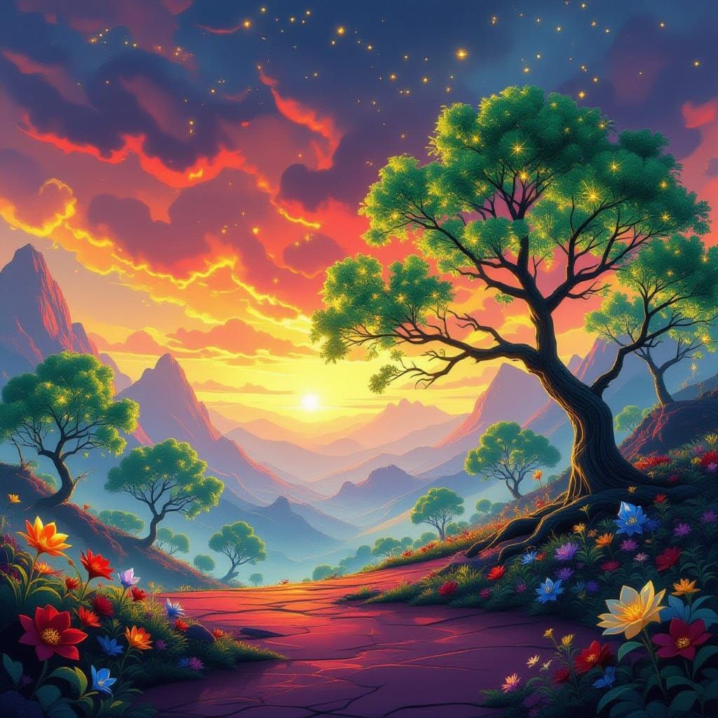 Fantasy World Under Luminous Multicolored Sky