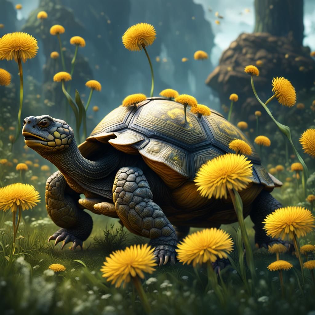 Tortoise Feast: Dandelions in a Detailed Fantasy Art