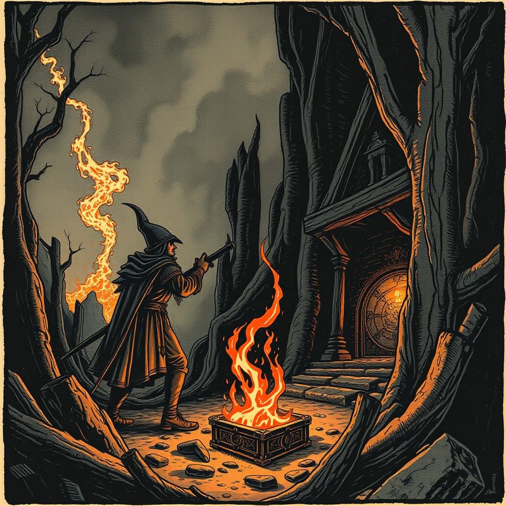 Fantasy Paladin Embarks on a Fiery Adventure in Woodblock Pr...