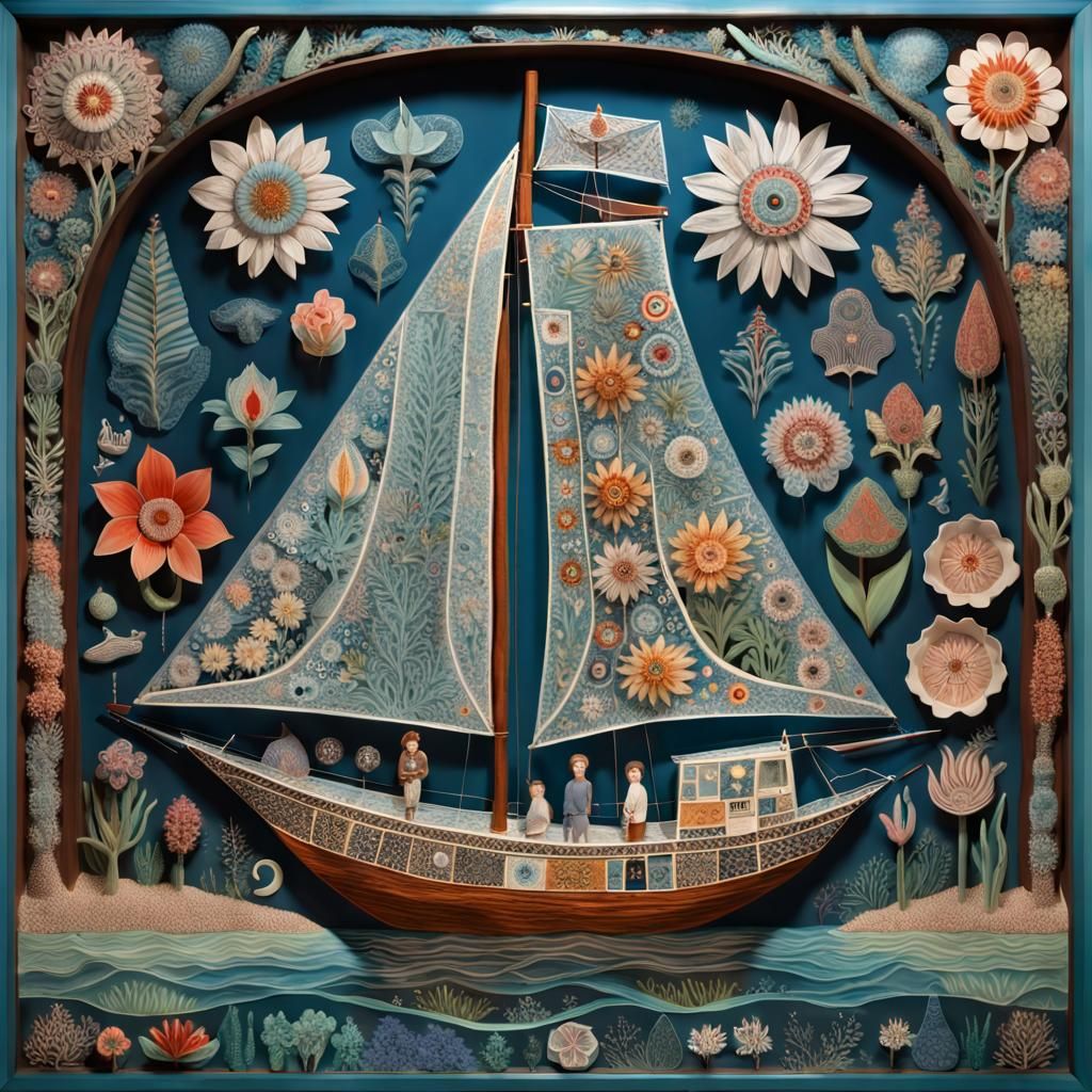 Glass Sailboat in Folk Art Style