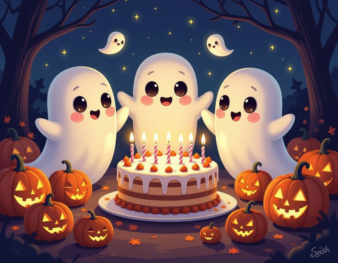Cute Halloween Ghosts Party with Chibi Pumpkins