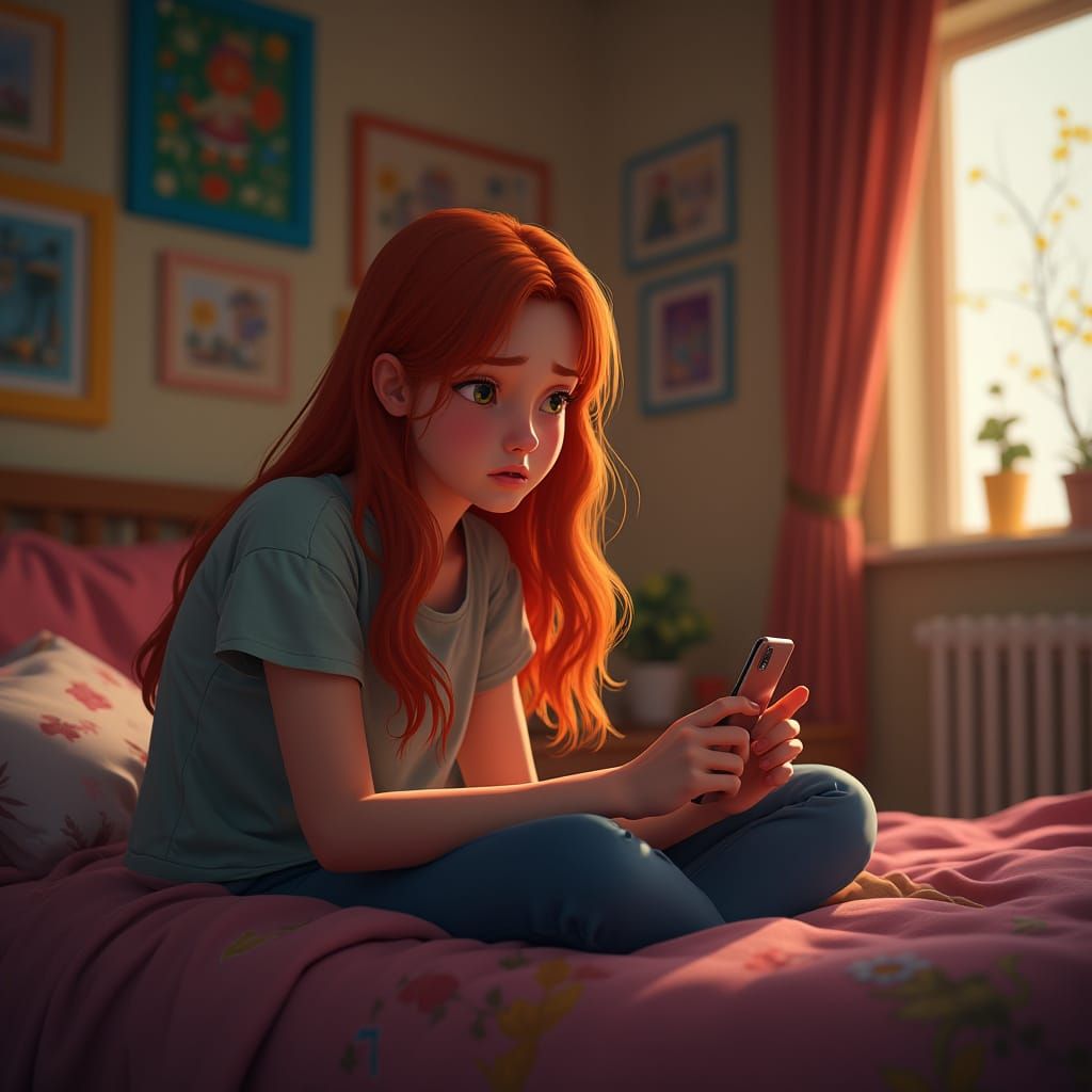 A Teenage Girl's Heartbreak in a Cozy Bedroom Scene, in a Fa...