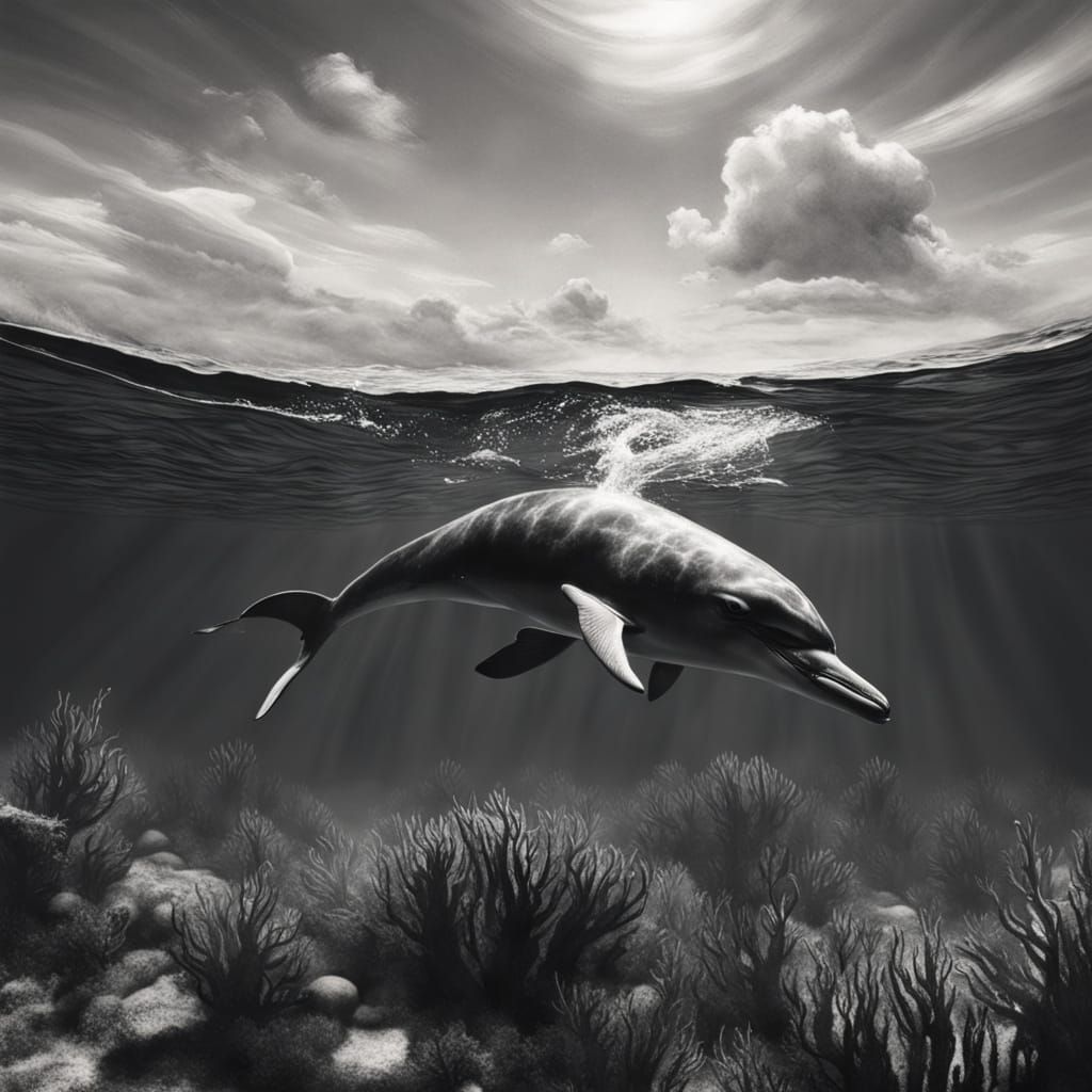 Dramatic Charcoal Portrait of a Person Swimming with Dolphin...