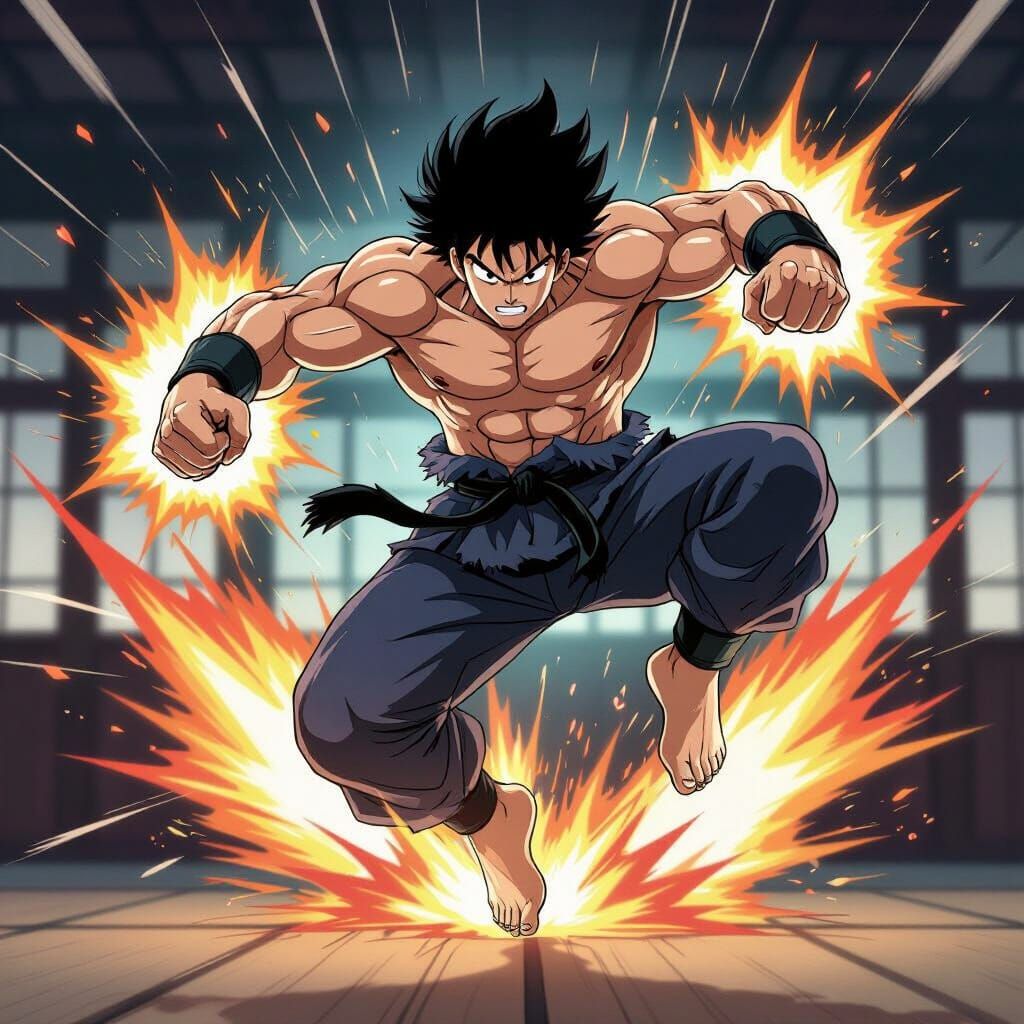 Anime Martial Artist in Mid-Air Kick with Energy Bursts