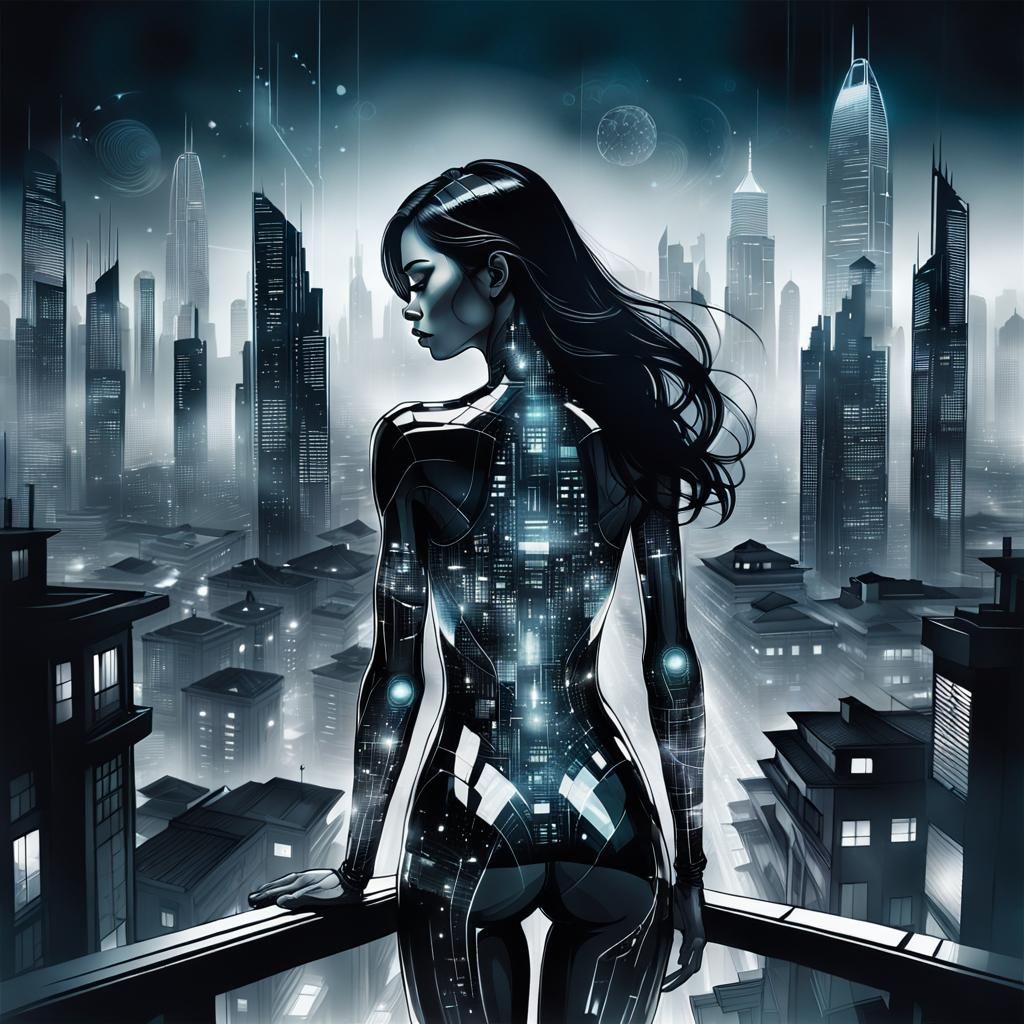 Transparent Woman in Futuristic Night City