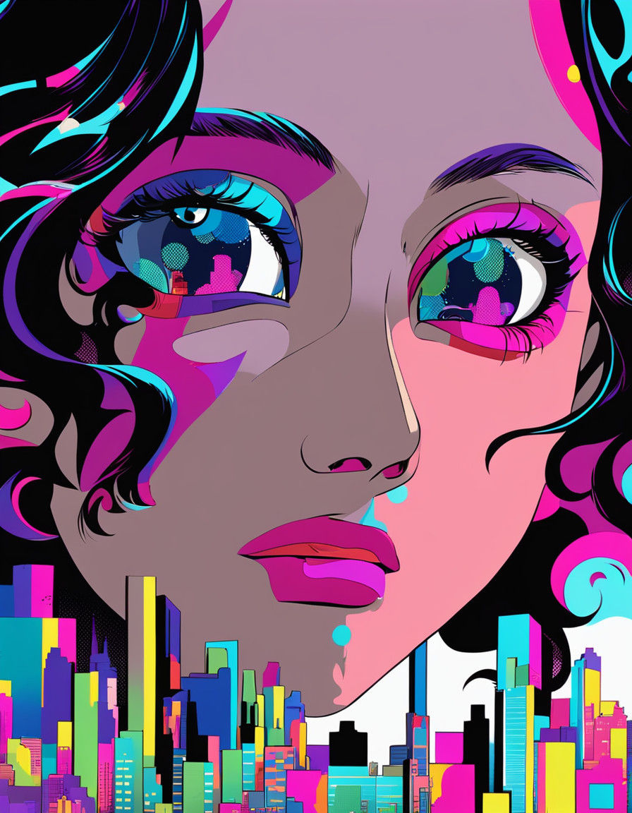 Retro Futurist Girl Stands Tall in Vibrant Cityscape
