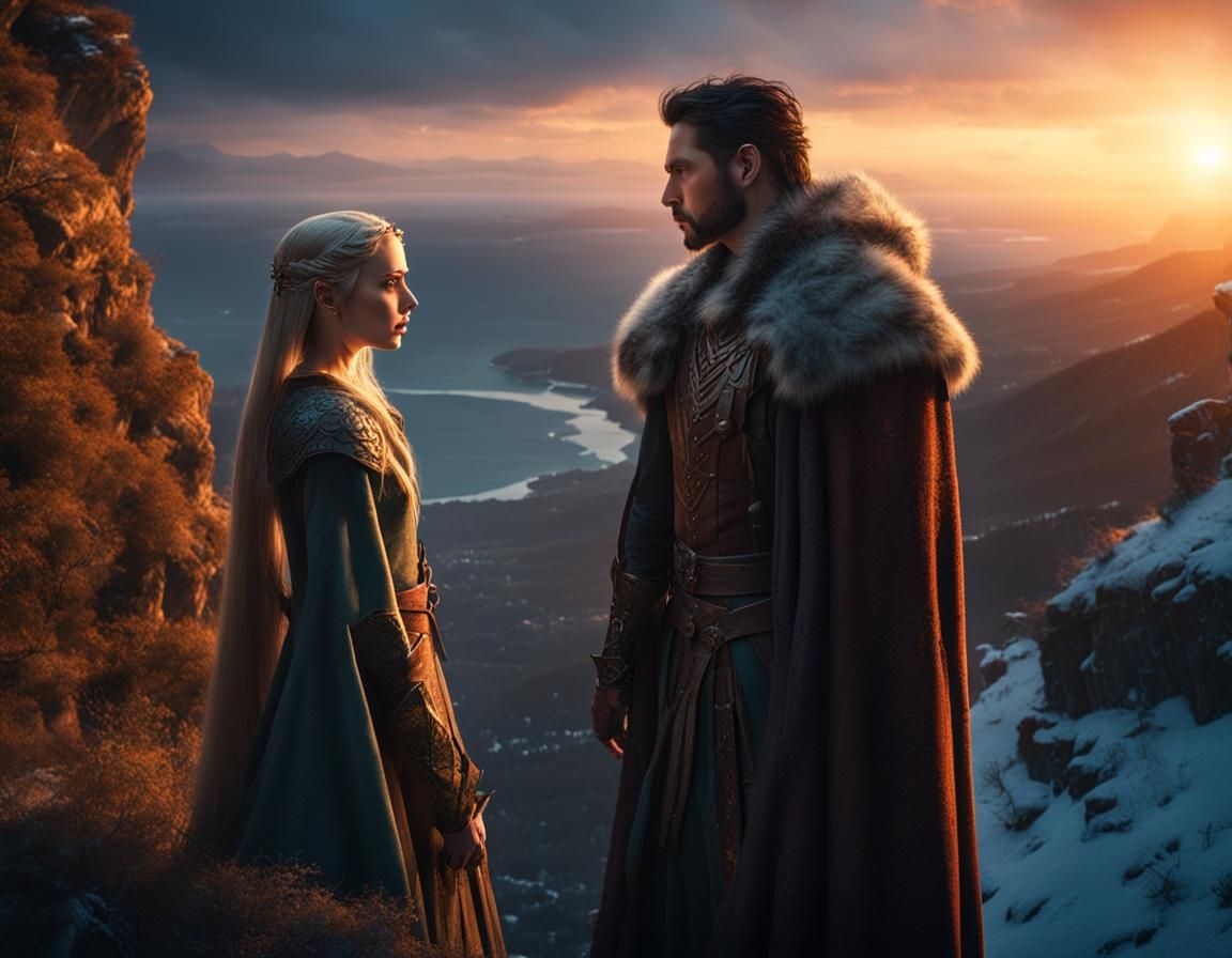 Heroic Warrior and Elf Maiden at Sunset