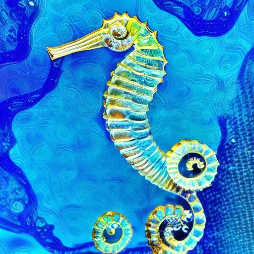 Glass Seahorse in Deep Ocean with Bubbles