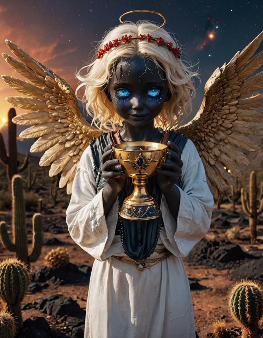 Surreal Angel in Desert with Golden Cup