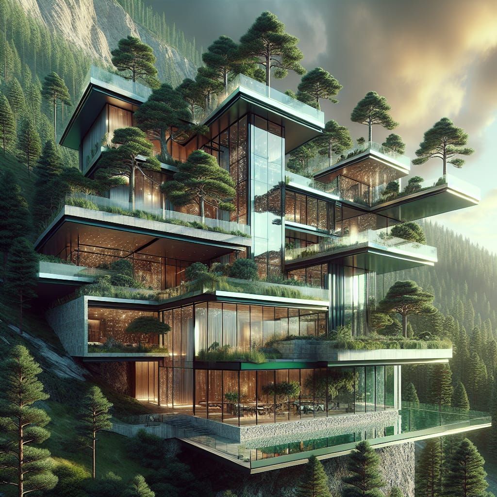 Futuristic Villa on Mountain in Splash Art Style