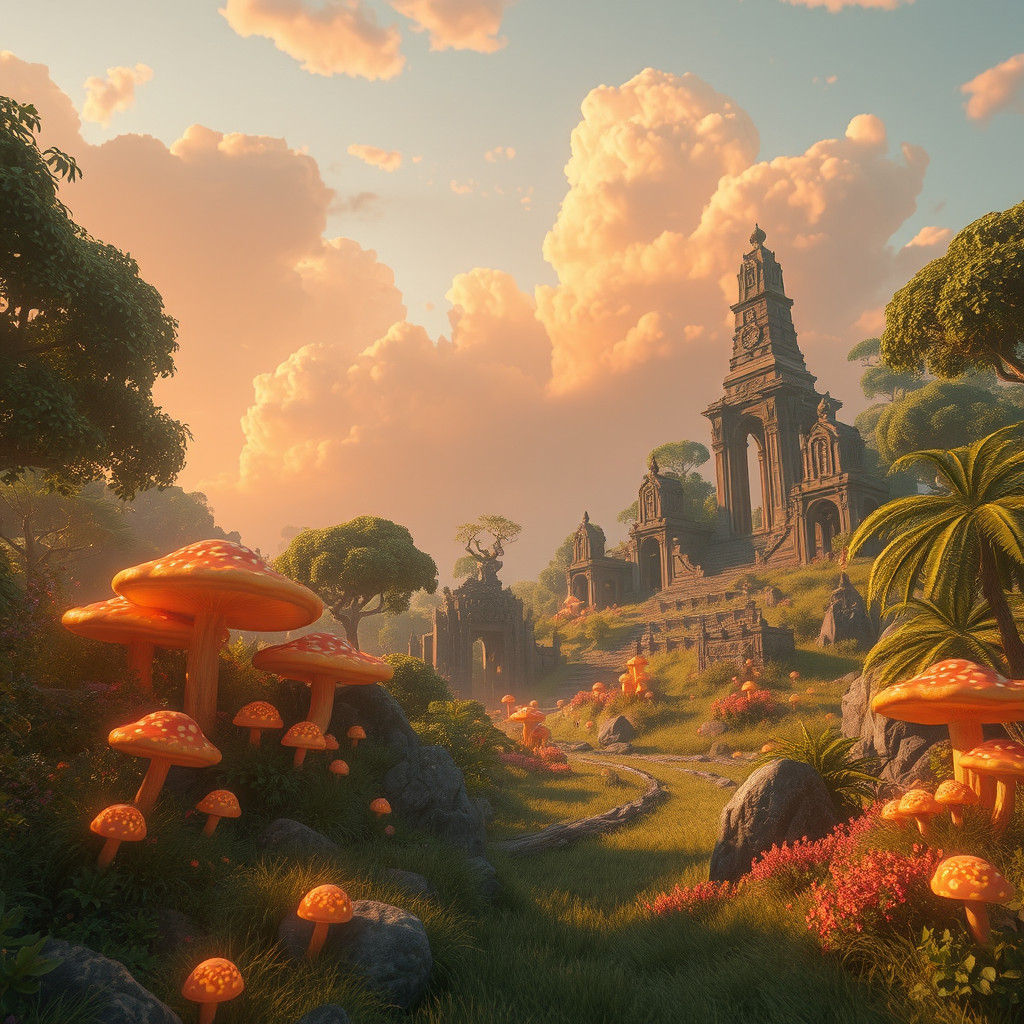 Lush Fantasy Realm in Golden Light: Digital Matte Painting