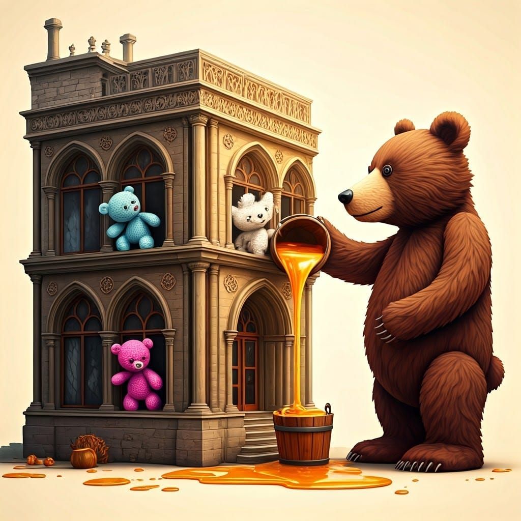 Teddy Bears Enjoying Honey Cascade