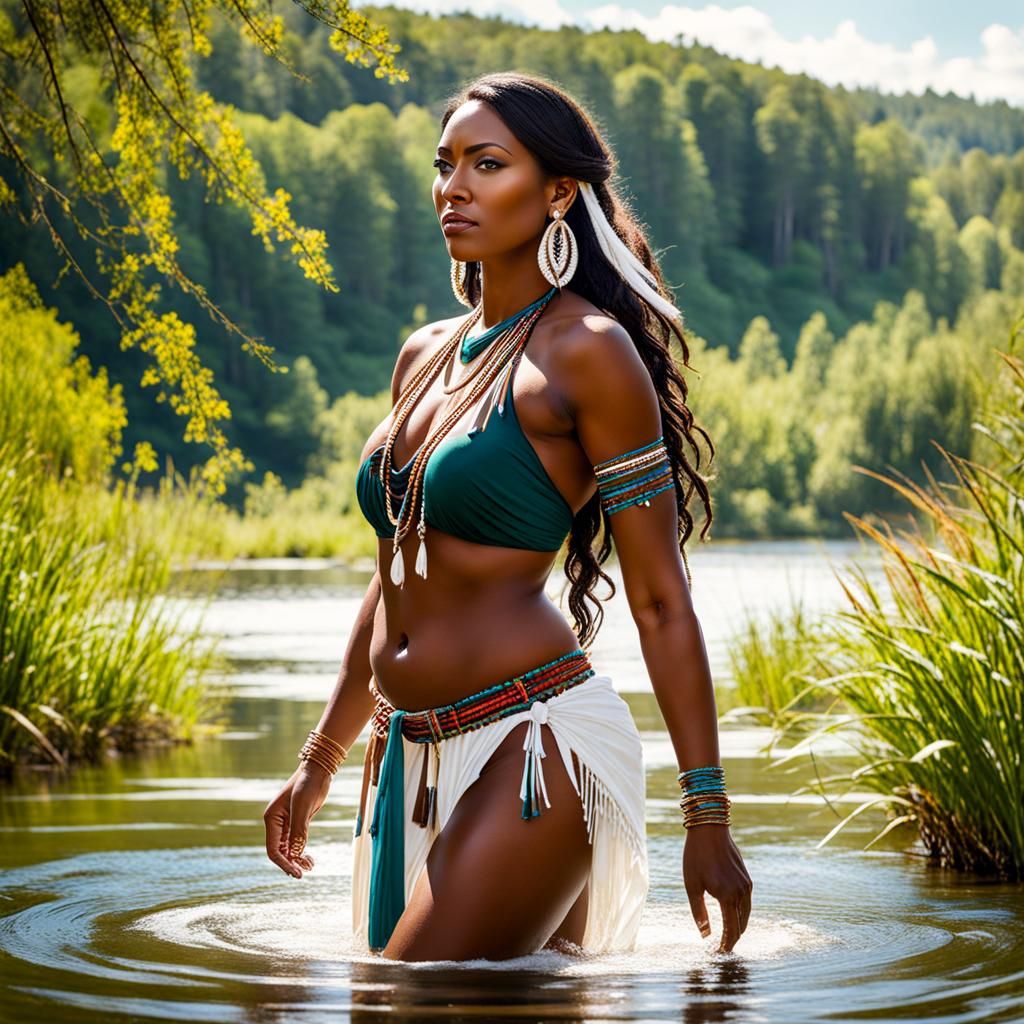 Native American Woman Bathing in River