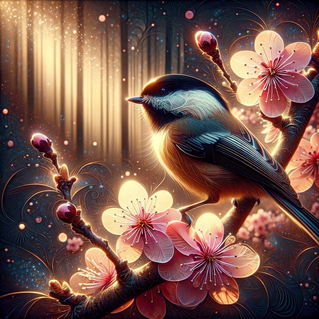 Chickadee and Sakura Flower Fantasy Illustration