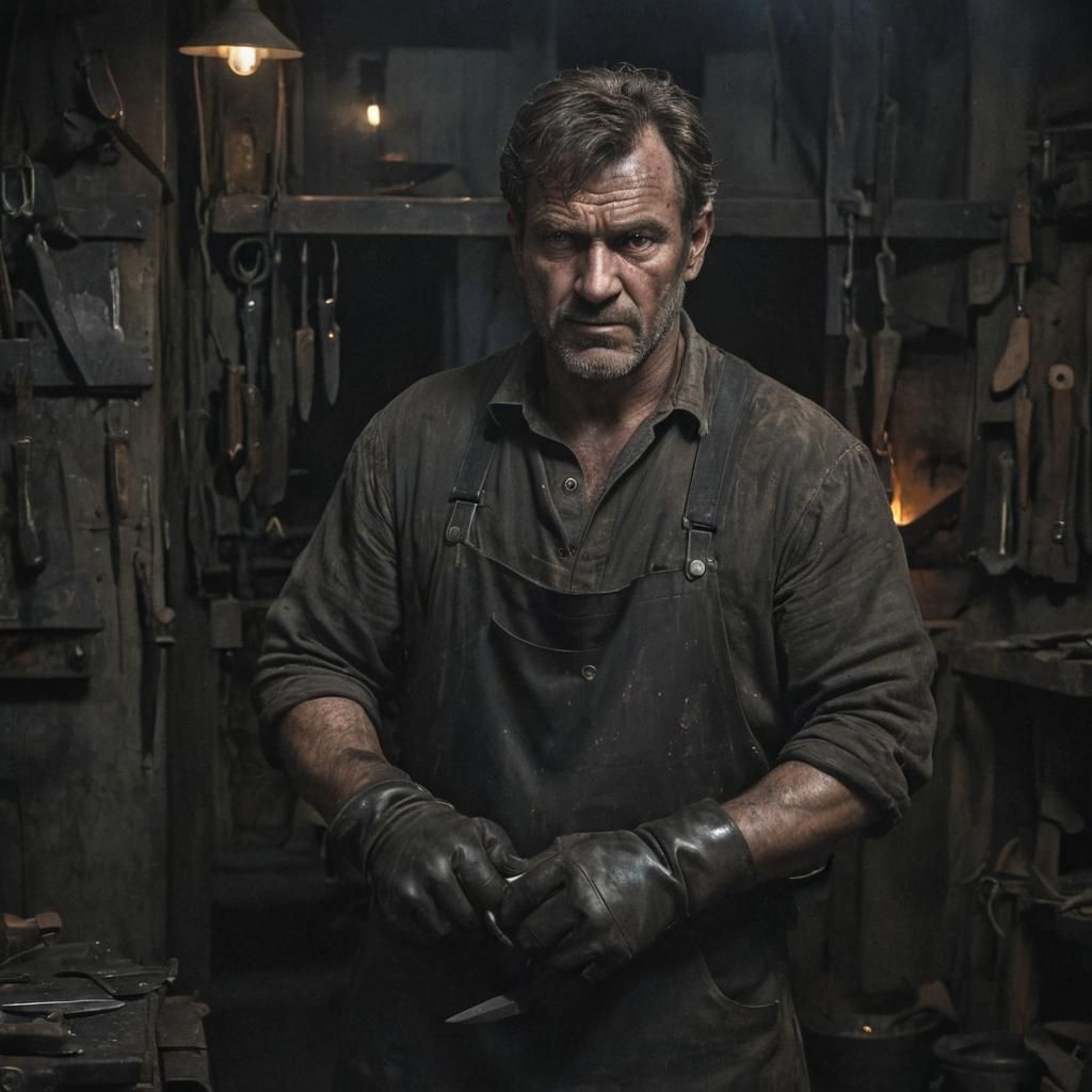 Blacksmith with Knives in Moonlit Garage