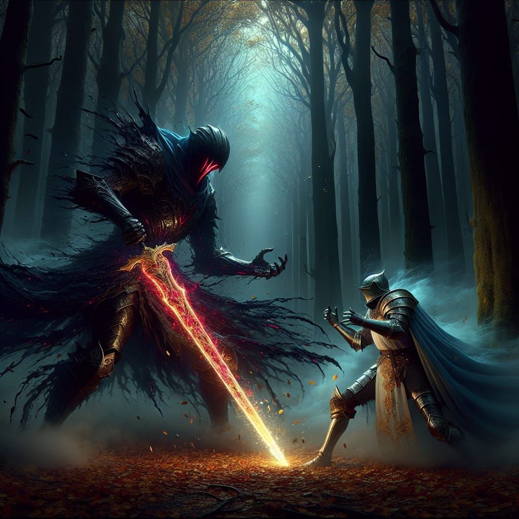 Knights Duel in Dark Forest with Shattered Sword