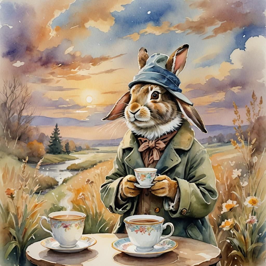 Rabbit Drinks Tea in Impressionist Watercolor Style