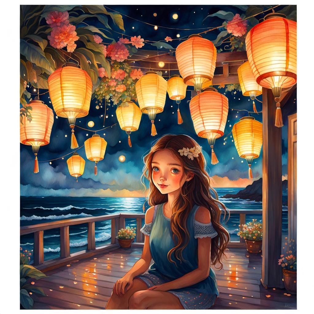 Girl Under Patio Lanterns: Watercolor Illustration