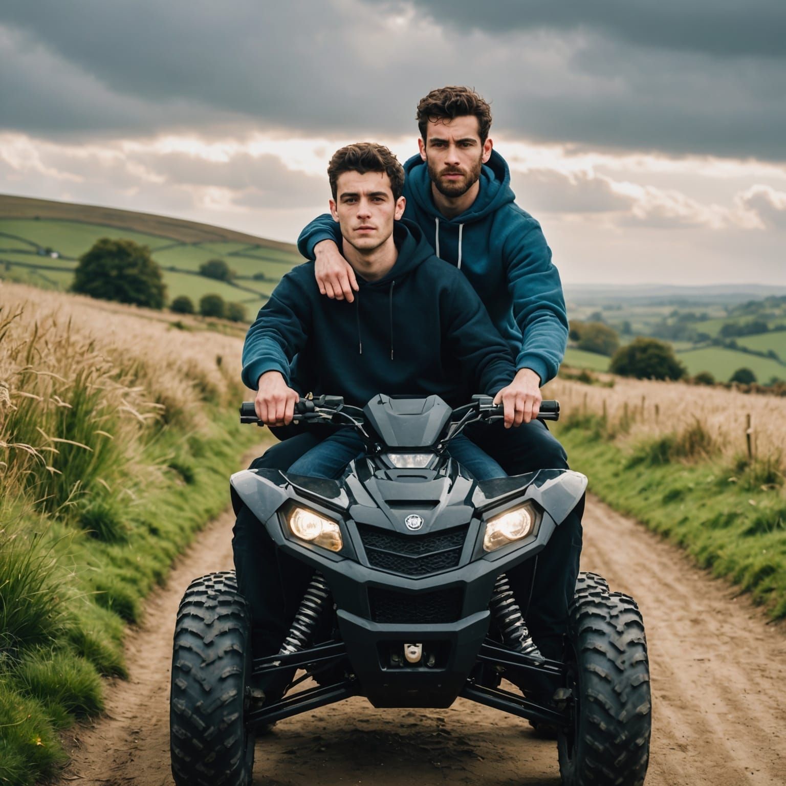 Two Men Ride a Quad Bike in Romantic Drama Style