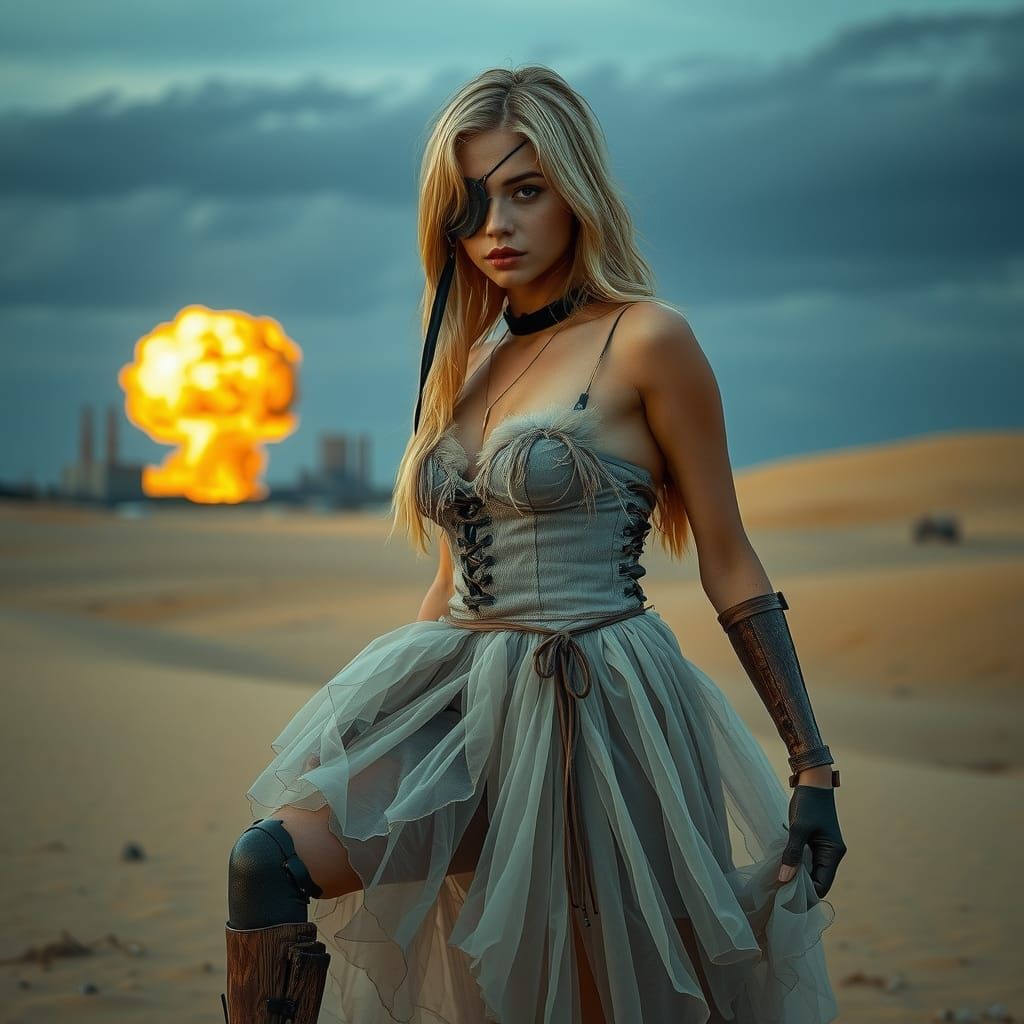 Post-Apocalyptic Woman in Wasteland with Explosion