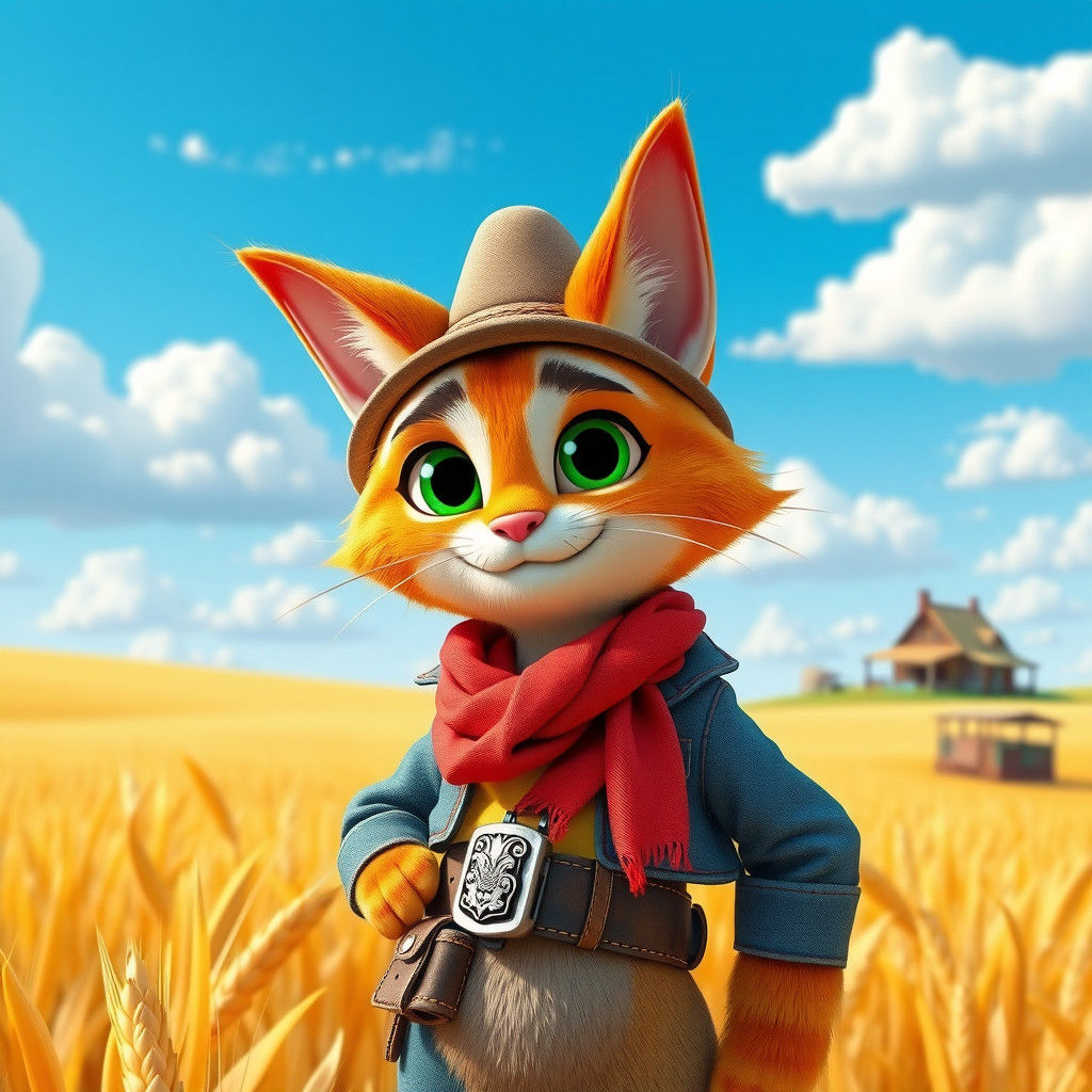 Disney-style Cartoon Cat Cowboy in Wheat Field