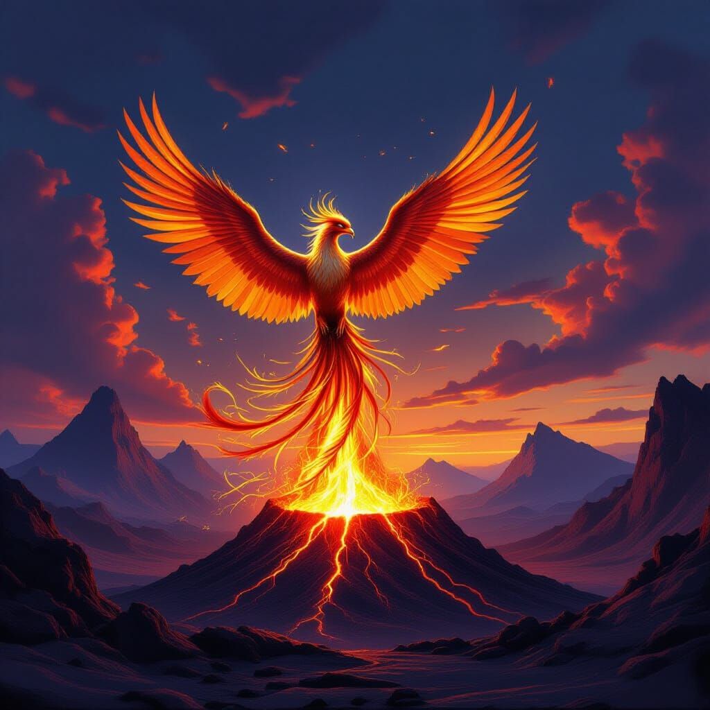 Golden Sapphire Phoenix Erupts From Volcano at Twilight