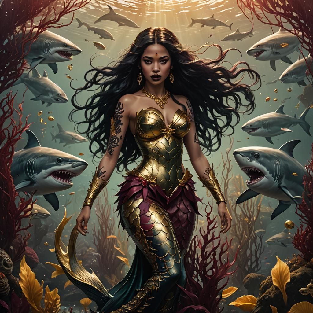 Colombian Mermaid with Sharks in Fantasy Concept Art