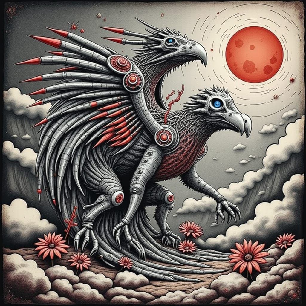 Biomechanical Cyborg Cerberus in Stormy Landscape